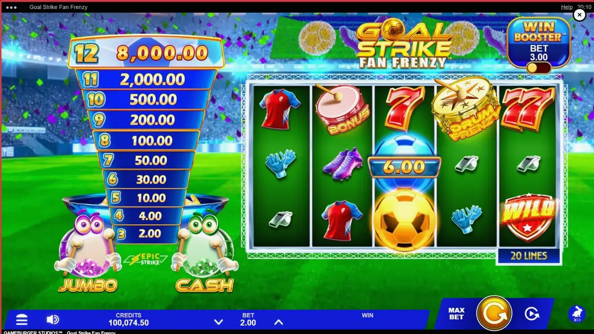 Goal Strike Fan Frenzy slot game interface na may football theme at stadium background